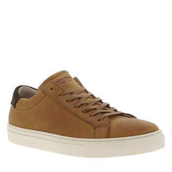 Tennis en cuir cognac à talon plat avec chevillière contrasté marron et lacets plats ton sur ton