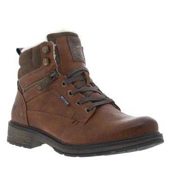 Bottines marron fourrées aspect laine à semelle plate à talon décroché bas et à lacets et zip latéral