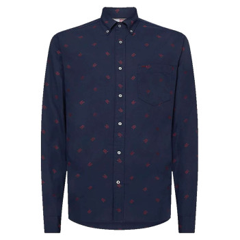 Chemise en coton marine avec une coupe slim col américain et motif monogramme