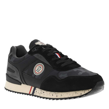 Baskets basses noires et grises en cuir nubuck imprimé camouflage avec logo sur la tige extérieure