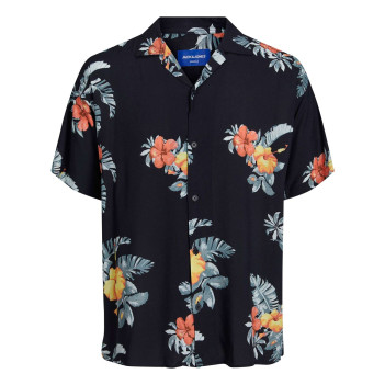 Chemise noire fleuri coupe ajustée col à cran et à manches courtes
