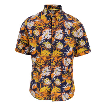 Chemise marine en coton imprimée de palmes coupe ajustée et à manches courtes