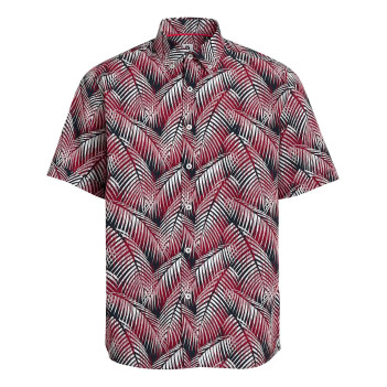 Chemise rouge en coton imprimée de palme, coupe ajustée col américain et à manches courtes
