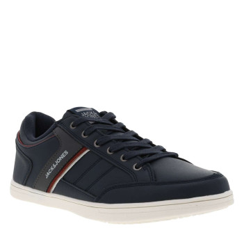 Baskets basses en simili cuir bleu marine avec une semelle écrue et lacets tressés
