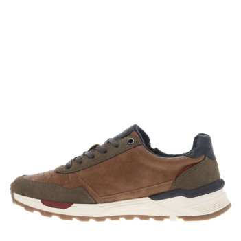 Sneakers brunes et kaki, à semelle semi-compensée et à lacets plats