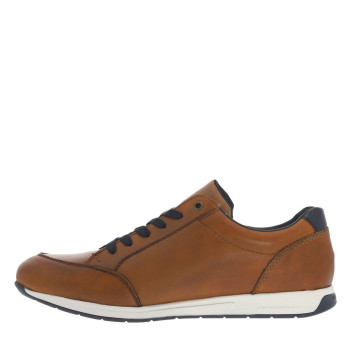 Baskets basses en cuir cognac avec lacets plats marine et zip côté extérieur