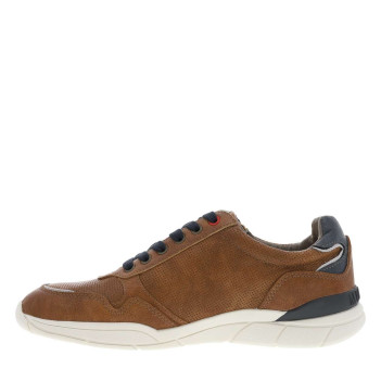 Baskets basses cognac avec des lacets plats marine et un zip latéral