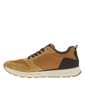 Baskets basses miel en mesh et en similicuir avec des lacets plats