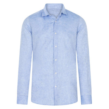 Chemise en lin et coton bleue chiné avec un col français et une coupe ajustée