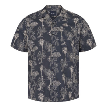 Chemise en coton bleue marine tropicale avec col cubain et manches courtes