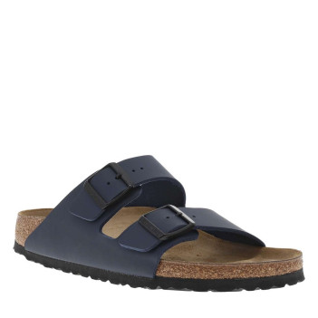 Mules Arizona marine mat à semelle compensée, boucles ardillon et première cuir