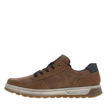 Sneakers cognac à semelle plate beige et à lacets plats bleu marine
