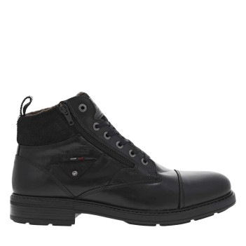 Bottines en cuir noires à talon plat et à lacets plats noirs et zip latéral