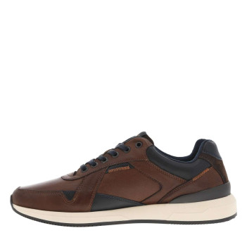Sneakers en cuir cognac et marine à talon plat avec lacets plats et logo embossé