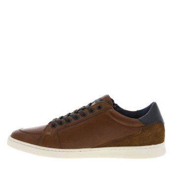 Sneakers en cuir cognac à semelles blanches plates avec lacets et zip