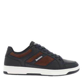Sneakers bleu marine et marron à semelle blanche avec lacets plats et logo blanc