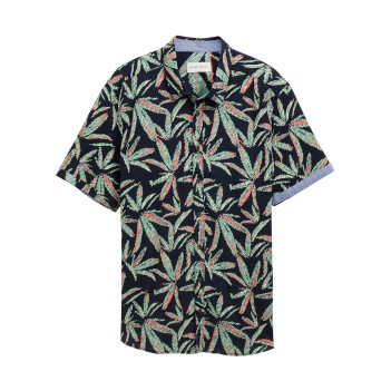 Chemise en coton marine et verte à motif floral, coupe droite et col à revers
