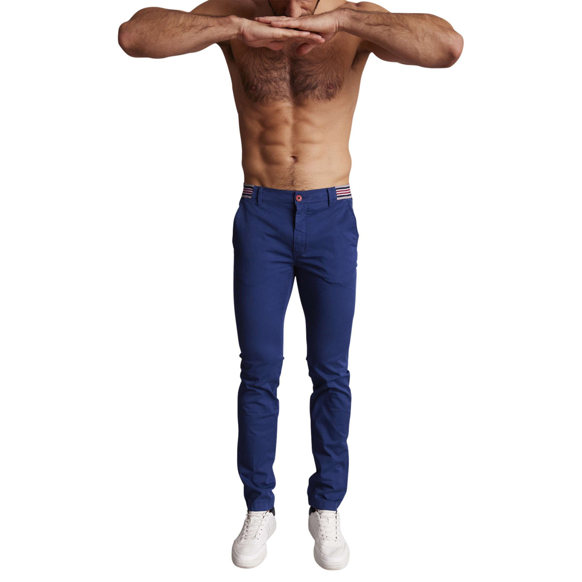Pantalon chino en coton bleu uni à coupe slim fit et à taille tricolore