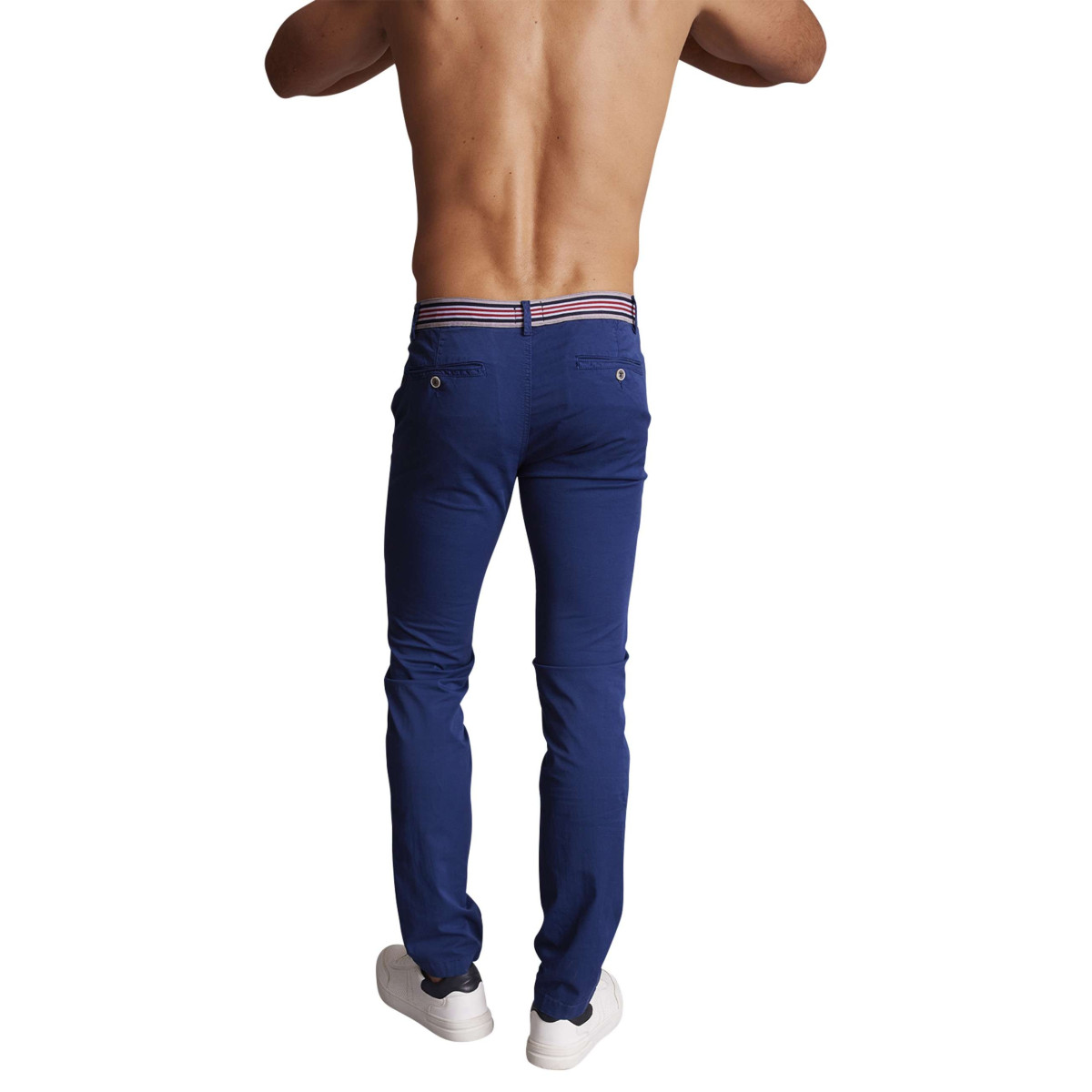 Thumbnail Pantalon chino en coton bleu uni à coupe slim fit et à taille tricolore - Image 2