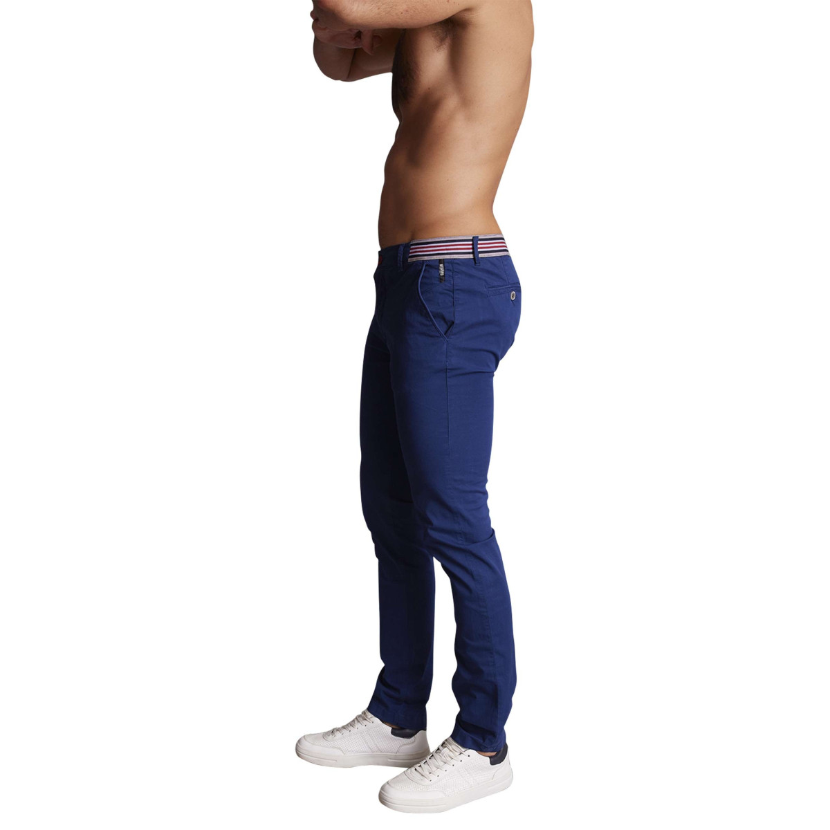 Thumbnail Pantalon chino en coton bleu uni à coupe slim fit et à taille tricolore - Image 3