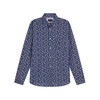Chemise en coton marine ornée d'un motif fleuri avec un col à rabats