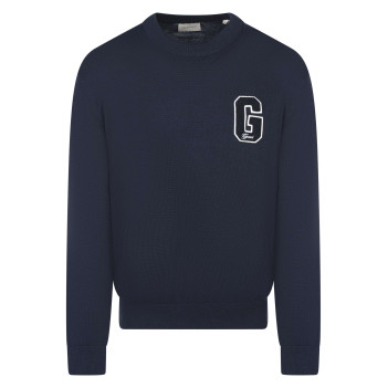 Pull en coton marine uni à coupe ajustée avec un logo brodé sur la poitrine