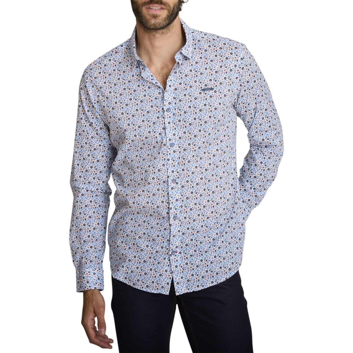 Chemise en coton bleu à coupe droite ornée d'un motif floral tricolore