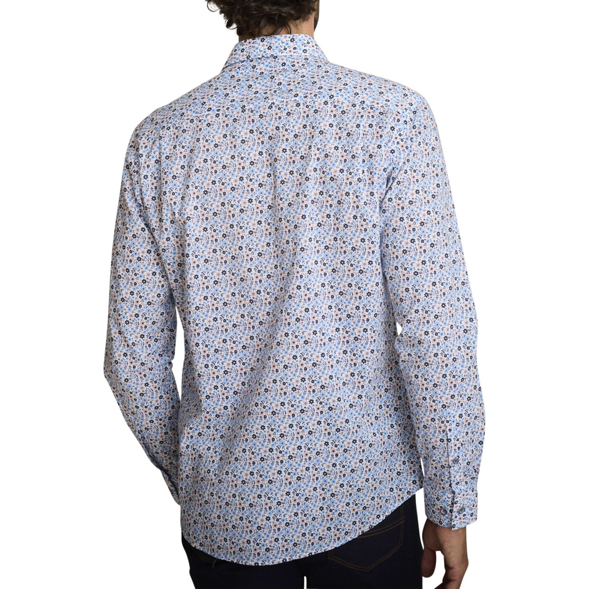 Thumbnail Chemise en coton bleu à coupe droite ornée d'un motif floral tricolore - Image 2