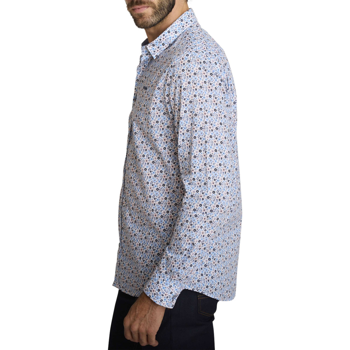 Thumbnail Chemise en coton bleu à coupe droite ornée d'un motif floral tricolore - Image 3