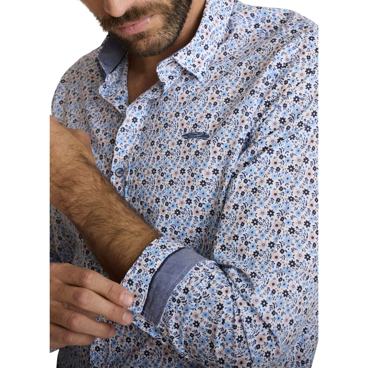 Thumbnail Chemise en coton bleu à coupe droite ornée d'un motif floral tricolore - Image 4