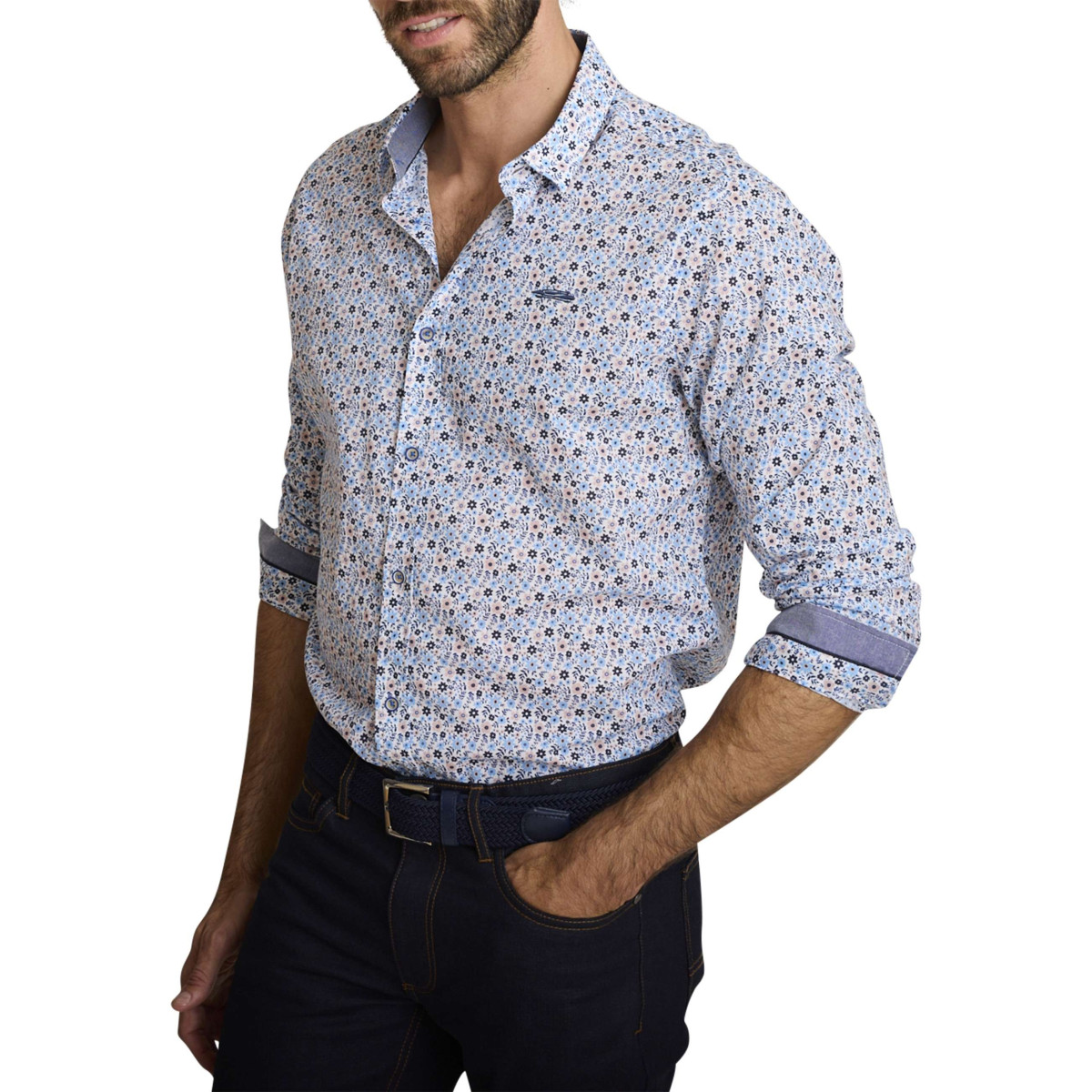 Thumbnail Chemise en coton bleu à coupe droite ornée d'un motif floral tricolore - Image 5