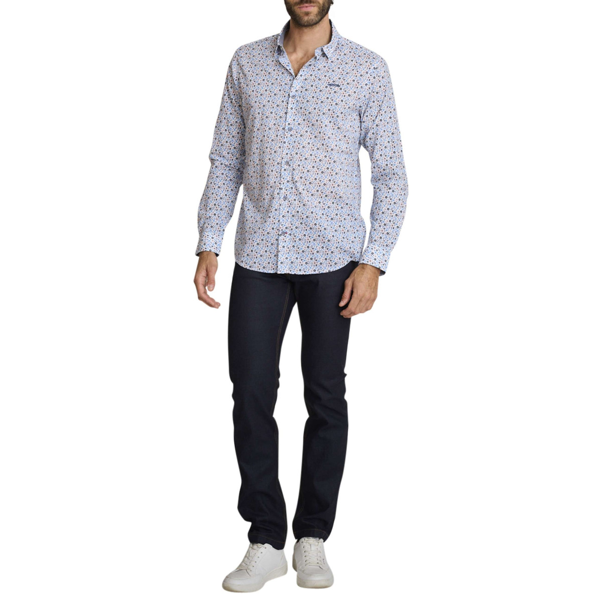 Thumbnail Chemise en coton bleu à coupe droite ornée d'un motif floral tricolore - Image 6