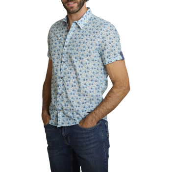 Chemise en coton ciel à coupe droite ornée d'un motif floral tricolore