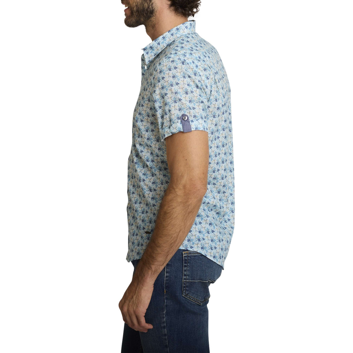Thumbnail Chemise en coton ciel à coupe droite ornée d'un motif floral tricolore - Image 4