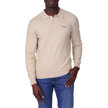 Pull en coton beige uni avec une coupe droite et un col polo