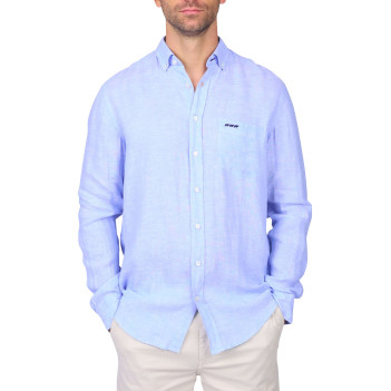 Chemise en lin bleu ciel unie avec une coupe droite et un col boutonné