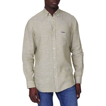Chemise en lin kaki unie avec une coupe droite et un col boutonné