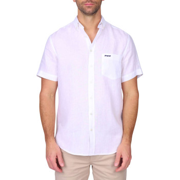 Chemise en lin blanche unie avec une coupe droite et un col boutonné