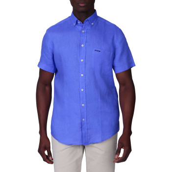 Chemise en lin bleue unie avec une coupe droite et un col boutonné