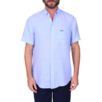 Chemise en lin bleu ciel unie avec une coupe droite et un col boutonné