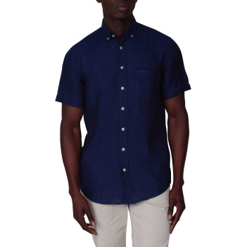 Chemise en lin indigo unie avec une coupe droite et un col boutonné