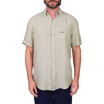 Chemise en lin kaki unie avec une coupe droite et un col boutonné