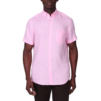 Chemise en lin rose unie avec une coupe droite et un col boutonné