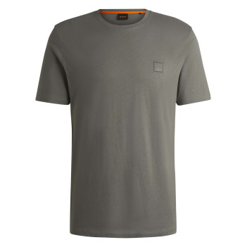 T-shirt en coton kaki à coupe droite pourvu d'un col rond côtelé