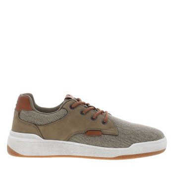 Sneakers kaki à semelle plate avec un patch de la marque sur la languette