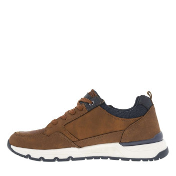 Sneakers camel avec des détails bleus marine et un zip à semelle plate