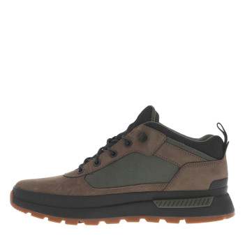 Sneakers en cuir marrons et noires avec des détails kakis et à lacets ronds