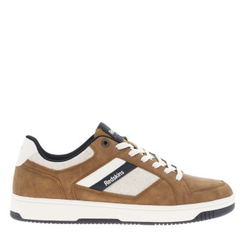Sneakers camel avec des détails beiges et bleus marine à semelle plate