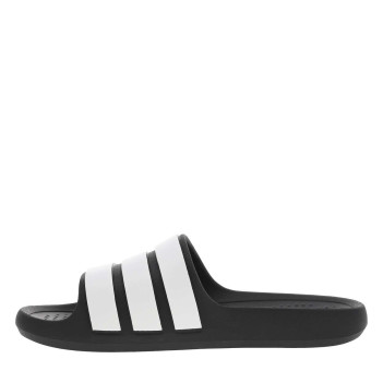 Claquettes noires avec des bandes blanches à l'avant et à semelle plate