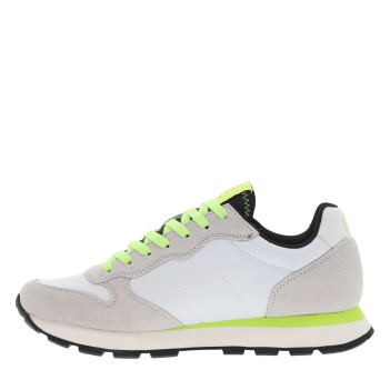 Baskets running blanches et beiges à lacets plats jaune fluorescents